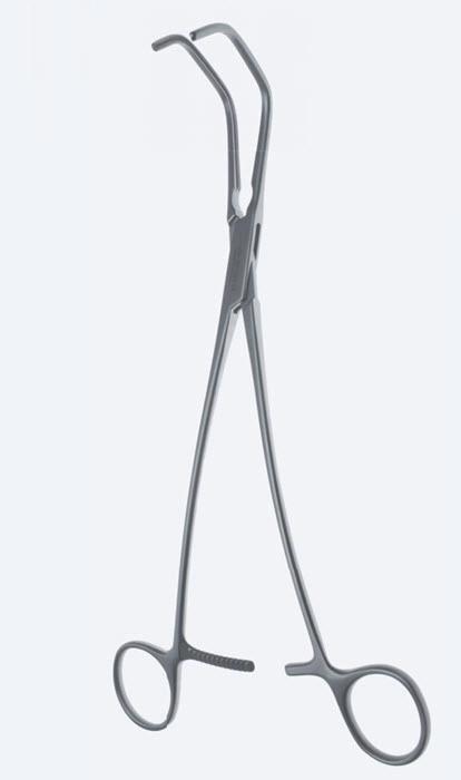 Зажими судинні, "Satinsky „Mod. Neuhaus", вигнуті, ширина щелепи 28 мм, з кремальєрою, загальна довжина 245 мм. Бренд - Asanus Medizintechnik Gmb, Німеччина